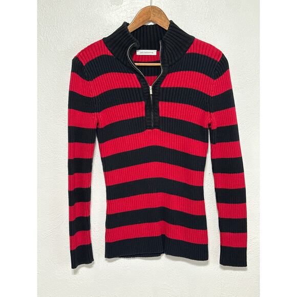 VTG 90s Y2K Liz Claiborne Rugby Stripe 1/4Zip Sweater S Red Black Preppy Sporty - Picture 1 of 12